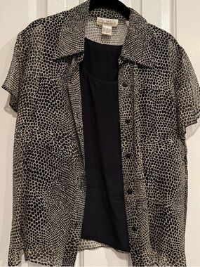 New York Design Co. Silk Black Sheer Printed Button Shirt &Tank Size M